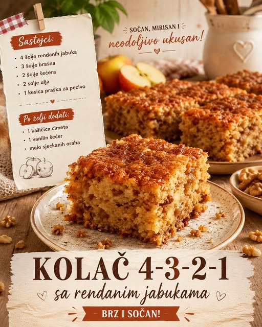 KOLAČ  SA RENDANIM JABUKAMA – brz i sočan!